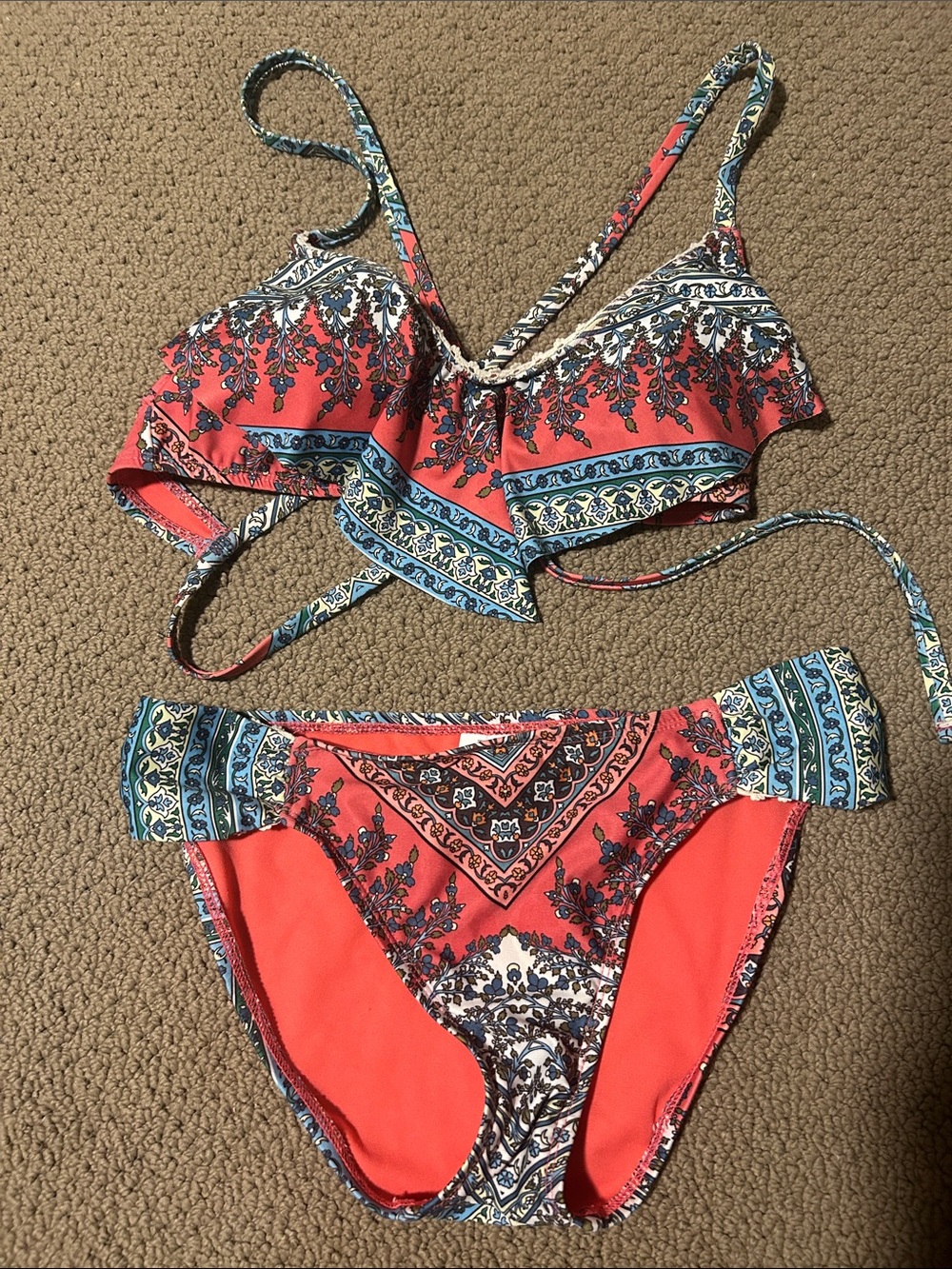 Lucky Brand Coral and Blue Printed Bikini Set